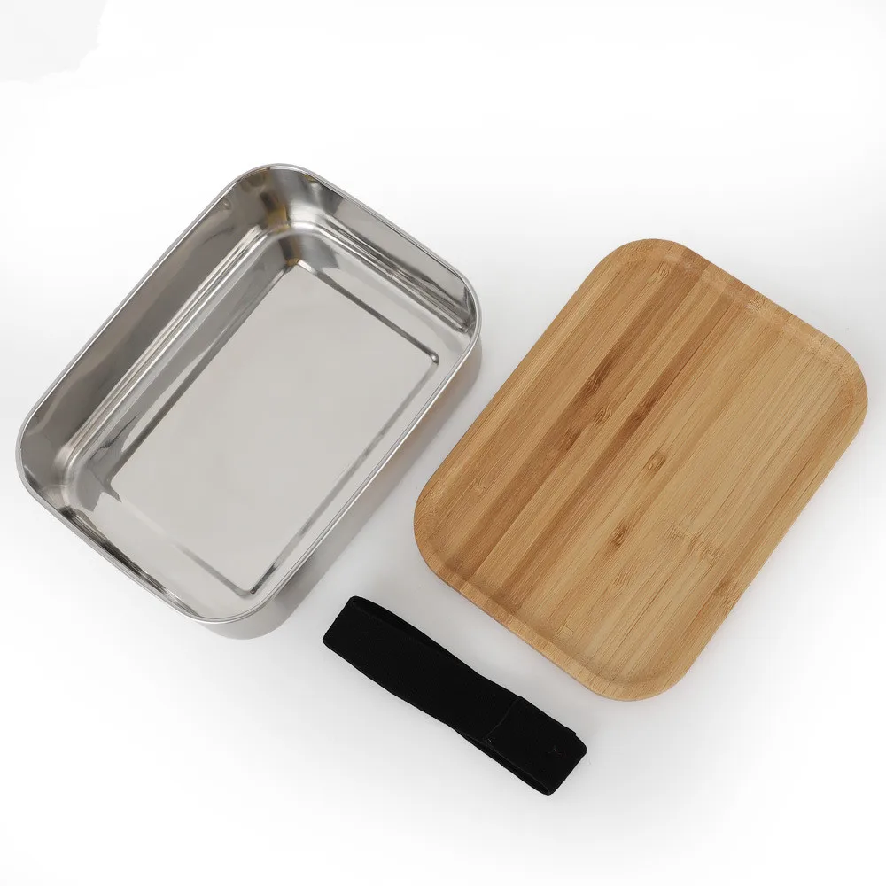 800ml Stainless Steel Lunch Box with Bamboo Lid Bento Sushi Snacks Container Convenient Holder Silver