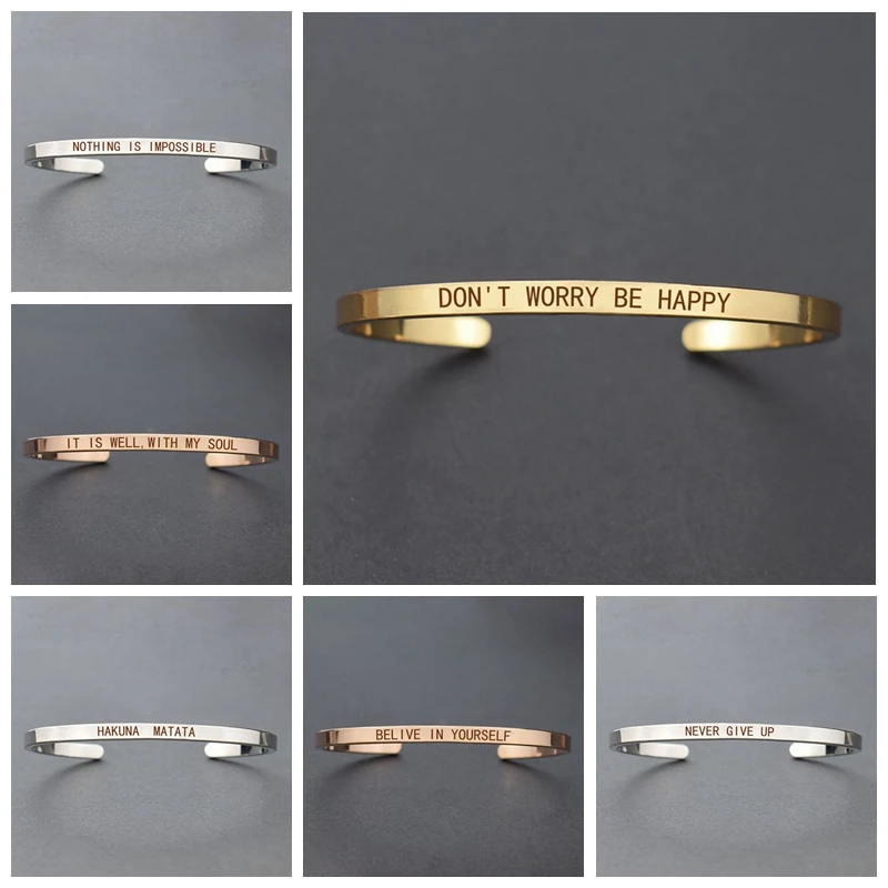 Inspirational Quotes Cuff Bracelet "DON'T WORRY BE HAPPY" Metal Engraved Bracelet Bangle Fashion Jewelry Gifts for Friends metal bracelet
