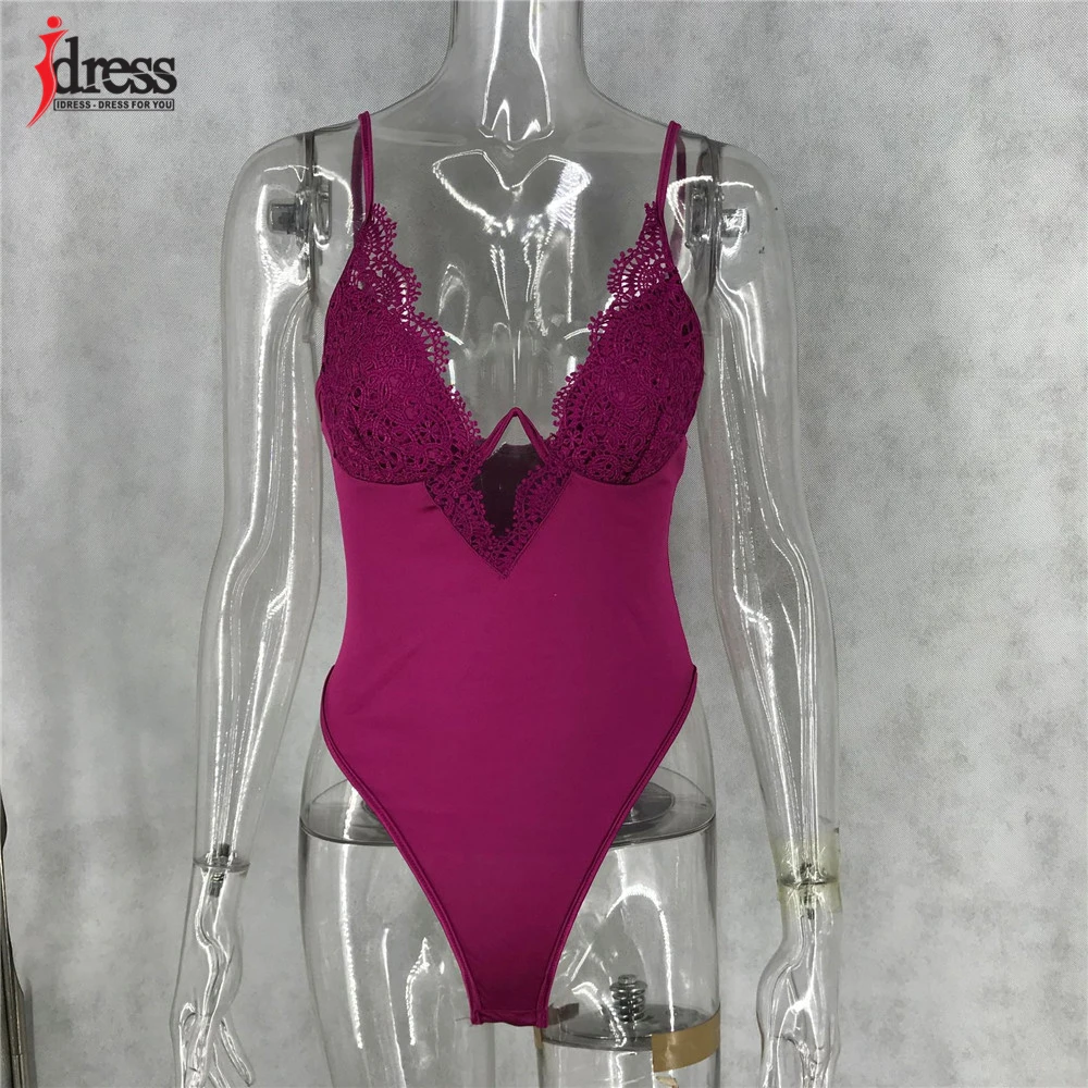 IDress 2020 New Sexy Satin Bodysuit Top Lace Flower Embroidery Body Top Women Skinny V Neck Steel Ring Bodysuit Summer Overalls (18)