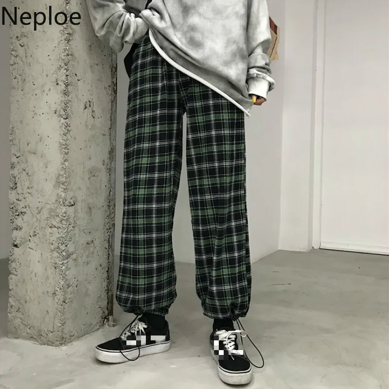 Neploe/корейский стиль Ins; сезон осень-весна; клетчатые спортивные брюки в стиле ретро; повседневные свободные дизайнерские брюки на шнуровке; узкие брюки унисекс для влюбленных; 47480
