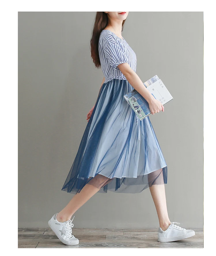 Mori Girl, летнее женское платье миди в полоску, лоскутное, Сетчатое, vestidos mujer, повседневное, свободное, негабаритное, для девушек, Тюлевое, милое, платья AE771