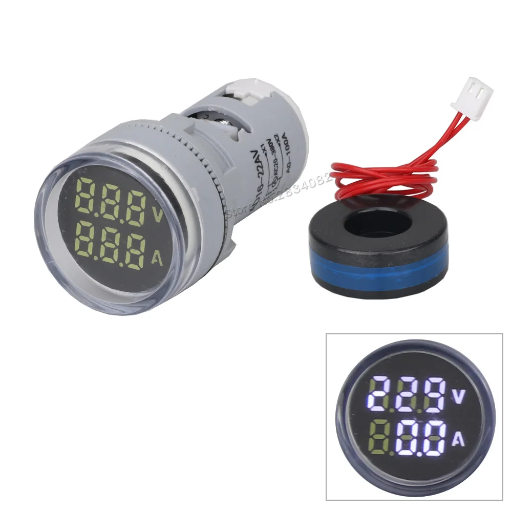 2в1 22 мм круглое квадратное двойное цифровое табло Напряжение Ампер Измеритель тока Вольтметр Амперметр светодиодный индикатор сигнала переменного тока 20-500 В 0-100A - Цвет: Round White
