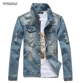 

MORUANCLE Men's Ripped Jeans Jackets Male Slim Fit Washed Distressed Denim Trucker Jacket Outerwear With Holes Light Blue