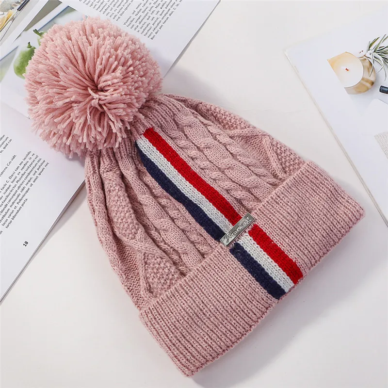 USPOP, модные зимние женские утолщенные теплые шапки Skullies, Лоскутные Полосатые Вязаные шапки, женские шапки с помпоном