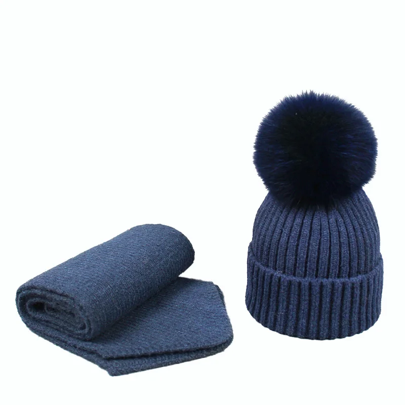 

Winter Scarf Hat Sets Adult and Child Fox Fur Pom pom Hat and Scarf Knitted Skullies For Girls Thick Warm Beanies Ski Gorro Caps