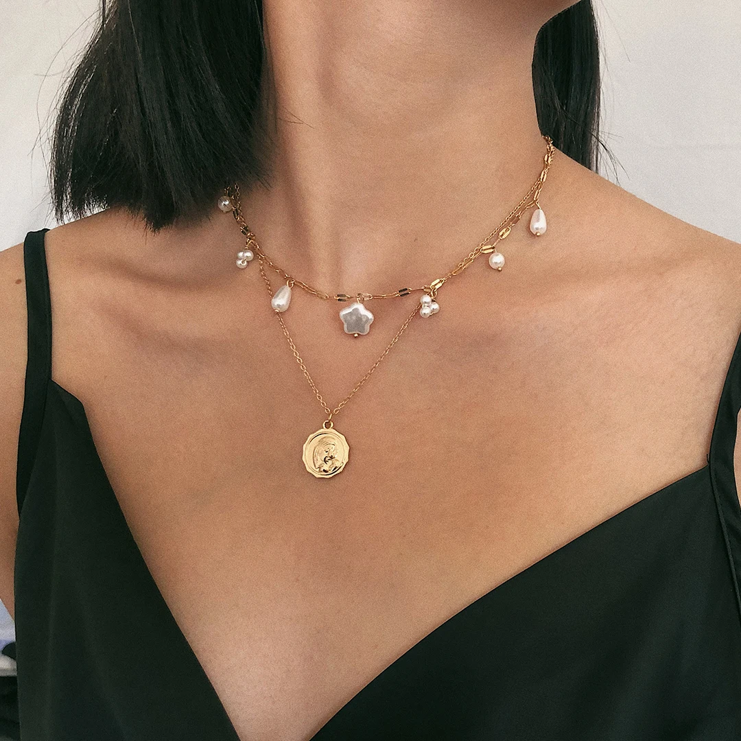 IngeSight. Z богемное женское многослойное ожерелье-чокер с искусственным жемчугом и звездой, массивное ожерелье с резной подвеской в виде монеты, ювелирное изделие