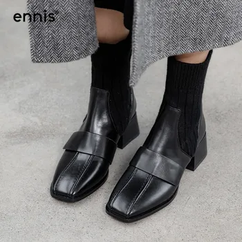 

ENNIS Genuine Leather Ankle Boots Black Knitted Stretch Short Boots Women Med Heel Fashion Boots Square Toe Dress Shoes A9325