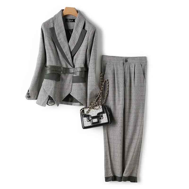 Дизайнерский Женский блейзер, комплект из двух предметов, длинный рукав, Блейзер, пальто, топы, прямые брюки, офисные женские костюмы, формальный комплект из двух предметов