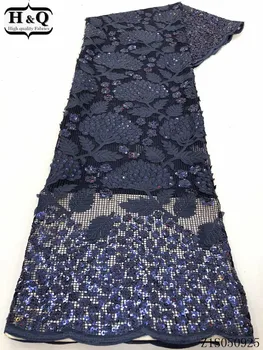 

H&Q african navy blue lace fabric with sequins embroidery coarse mesh fabrics design 5 yards/piece french net laces for sewing