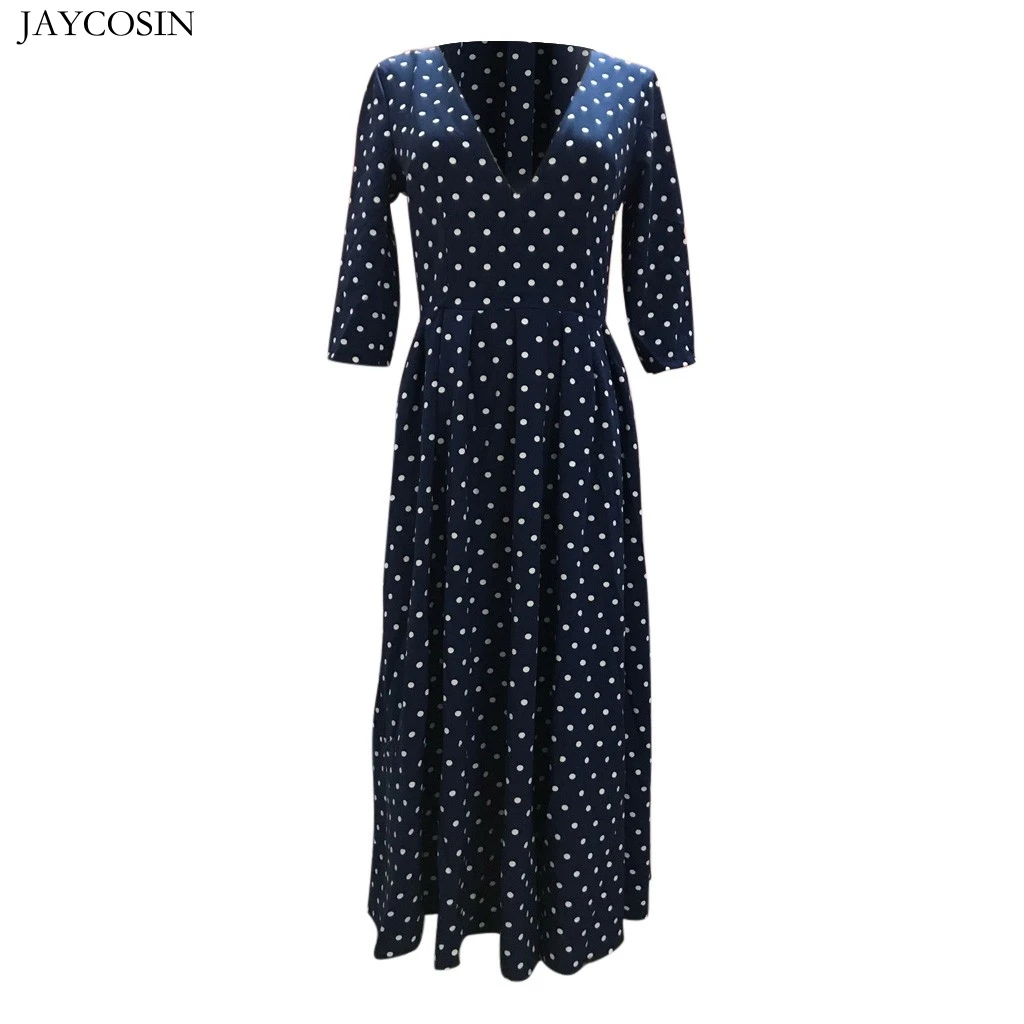 JAYCOSIN, модное женское Повседневное платье в простом стиле, сексуальное, глубокий v-образный вырез, рукав до локтя, в горошек, с принтом, в стиле пэчворк, Драпированное винтажное женское платье
