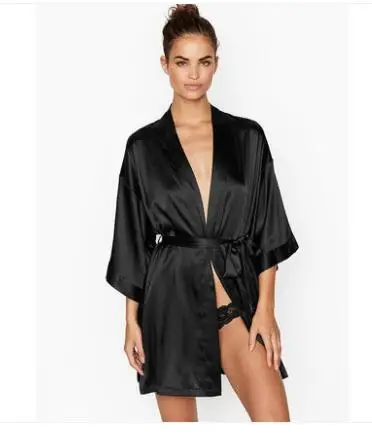 Летняя атласная ночная рубашка цвета шампанского, Китайский Свадебный халат, женская ночная рубашка, сексуальная ночная рубашка, кимоно, халат, халат, пеньюар - Цвет: black