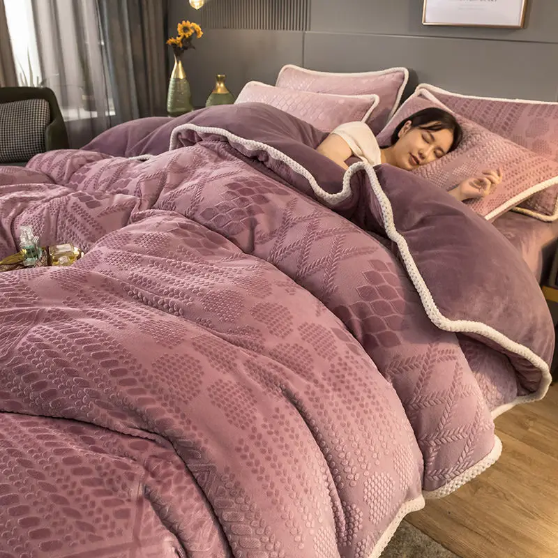 Home Textile 3/4PC Winter Pure Color Plush Warm Velvet Duvet Cover Set Mink Bedding DoubleBed Sheet Pillowcase | Дом и сад