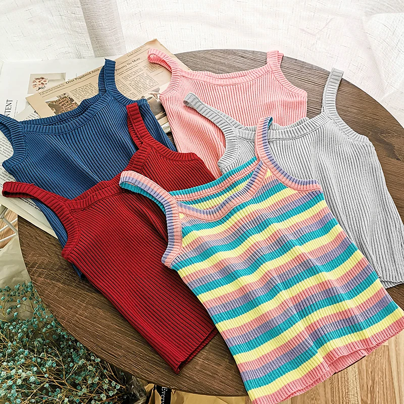 OUMEA Women Knitted Rib Cami Top Rainbow Stripe Plain Color Ribbed Crop Top  Summer Sexy Skinny Cotton Camis Going Out Tank Top - AliExpress