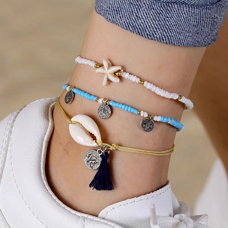 Богемные браслеты для женщин с натуральными морскими ракушками, цветные браслеты на ногу с цепочкой, летние пляжные украшения для ног, новинка