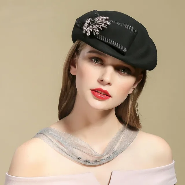  - Women Chic Fascinator Hat Cocktail Pillbox Cap Fashion Diamond Berets Lady Party 100% Wool Felt Fedora Hat Cloche Hat 54-58cm