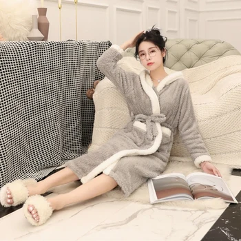 

2020 Flannel Bath Robe Sleepwear Autumn Winter Cute Solid Plush Bathrobe Thick Warm Female Robe