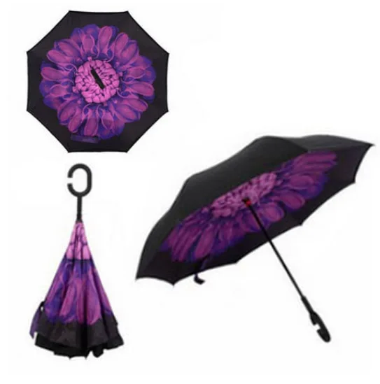 Purple Flower Ветрозащитный обратный складной двухслойный перевернутый Chuva зонтик самостоящий наизнанку защита от дождя c-крюк руки для автомобиля - Цвет: Purple Flower