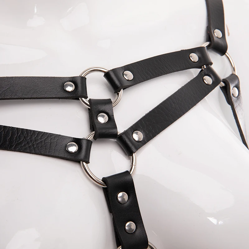 Hot Selling Black Leather Garter Two Piece Set Sexy Harness Bra Cage Adjustable Suspenders Belts Metal