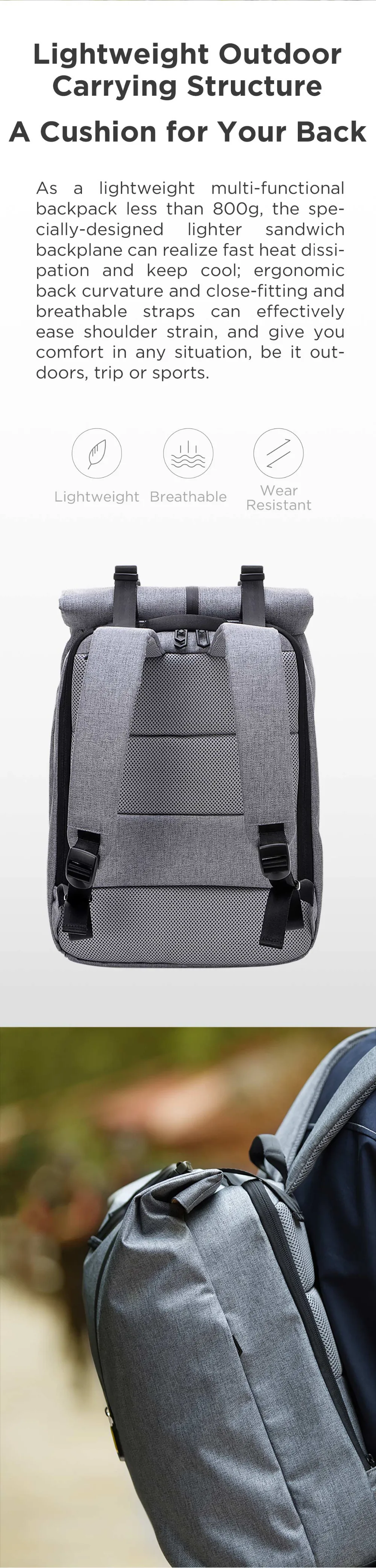 Xiaomi 90FUN Leisure Backpack 14 inch Laptop Bag Outdoor Sports Daypack Light Weight Water Resistant men women Large Capacity