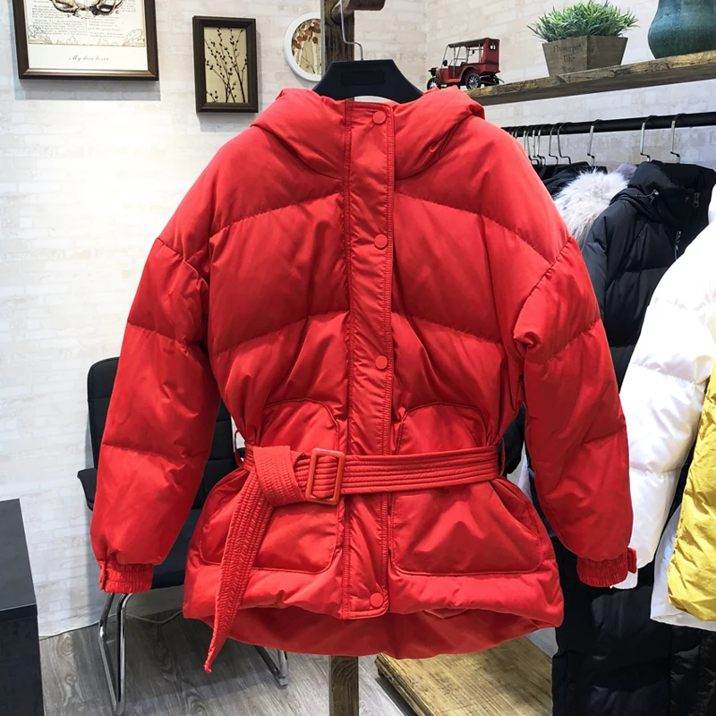 

Ultra Light Down Jackets Women Winter Slim Hooded Duck Down Coats Parkas With Belt Black Pink Red Snow Outwear