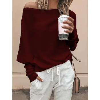 

Gift Solid Long Sleeve Pullover Women Sweater Breathable Casual Tops Soft Cotton Blend Loose Sexy One Shoulder Autumn
