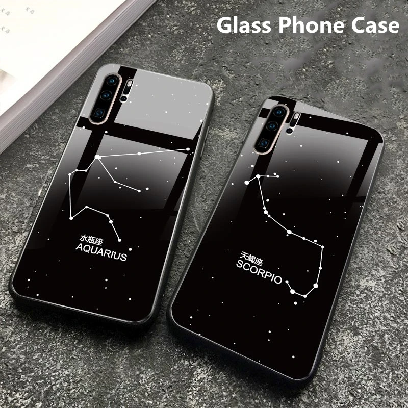 

Phone Case For Huawei P20 P30 Mate 20 Pro Honor 9 9X Pro Note 10 Tempered Glass Constellation Pattern Fashion Couple Cases