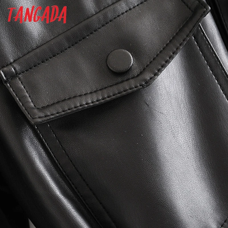 price cut  Tangada Women faux leather jacket coat with belt turn down collar Ladies Long Sleeve boyfriend styl