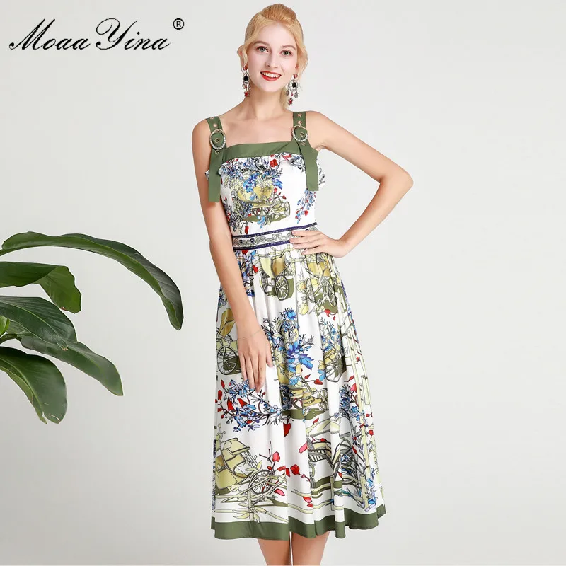 

MoaaYina Fashion Designer Runway dress Spring Summer Women Dress Spaghetti Strap Backless Print Vacation Dresses