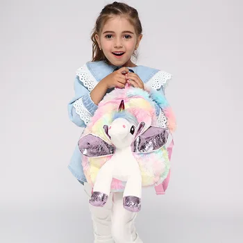 Baby Girl Unicorn Fur Backpack Cute Children Zipper Schoolbag Mini Kid Toy Doll Backpack For Kidergarten New Girl Plush Doll Bag 1