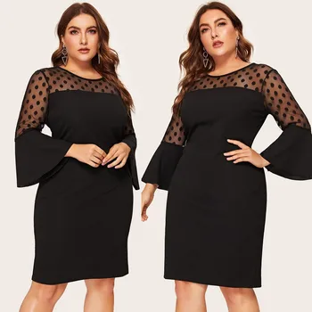 

Fashion dress Women Plus Size O-Neck Flare Sleeve Polka Dot Mesh Patchwork Midi Dress party dress robe hiver femme#30