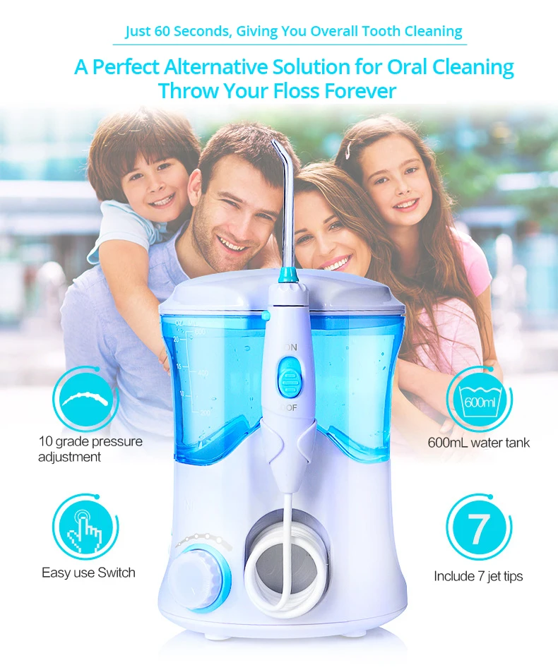 Oral Irrigator Dental Cleaner Water Flosser Multifunctional 600ml Water Dental Flosser Oral Dent Jet Irrigator Dental Care Kit Teeth Cleaner Water Pick with 7 Nozzles
