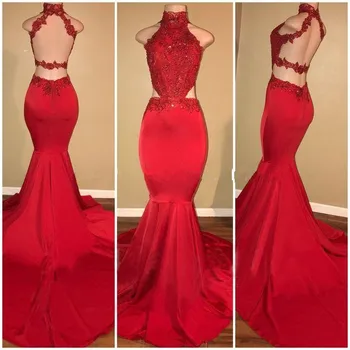

Red Mermaid Prom Dresses for African Black Girls 2020 Vestido De Festa Sexy High Neck Backless Lace Mannequins Party Gowns