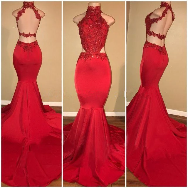 red high neck backless lace dress
