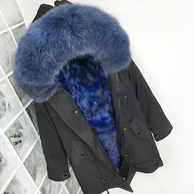 Plus Size Real Fur Coat Waterproof Parka Mujer Winter Jacket Women Natural Fox Fur Collar Liner Hood Thick Warm Outerwear Hat - Color: MiddleLong NavyBlue