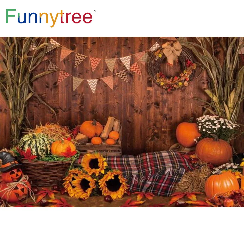 

Funnytree Autumn Theme Backdrop Wooden Maple Leaf Sunflower Pumpkin Halloween Party Supplies Custom Photography Background