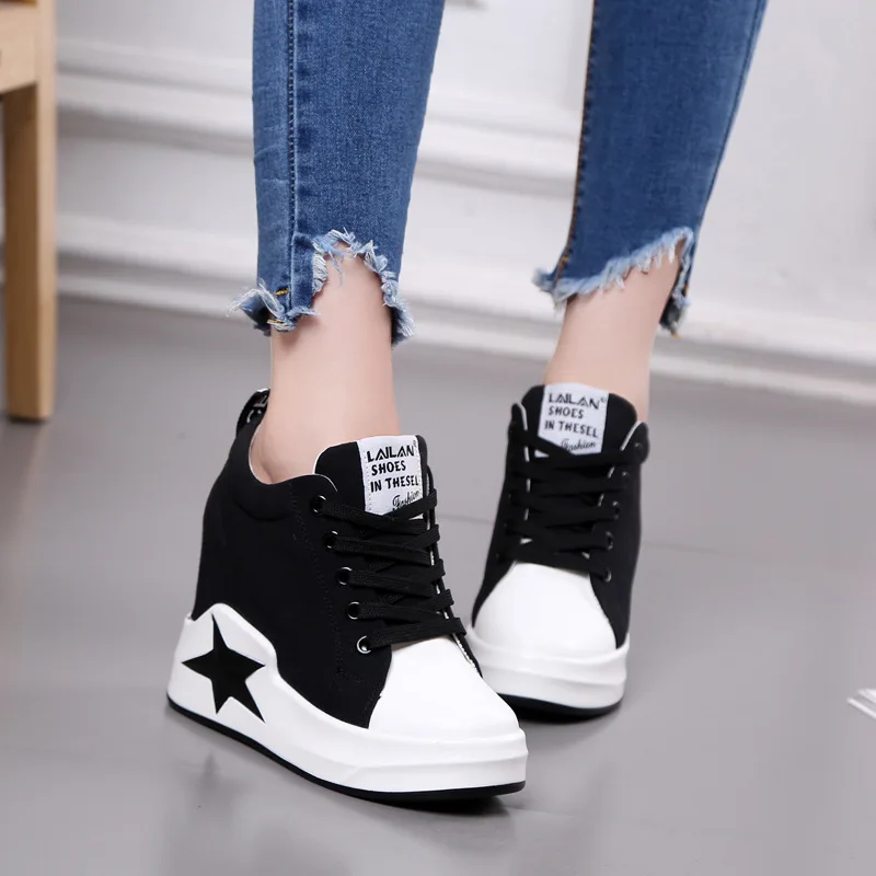 

Hide Heels Women Fashion Sneakers Breathable Sport Casual Shoes Lace Up Wedge Shoes Woman Height Increasing Sneakers XU054