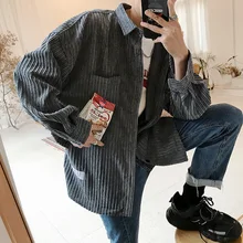 Новая Мужская модная повседневная рубашка на весну и осень однотонный вельветовый свободный жакет с длинными рукавами в Вертикальную Полоску зеленый/серый