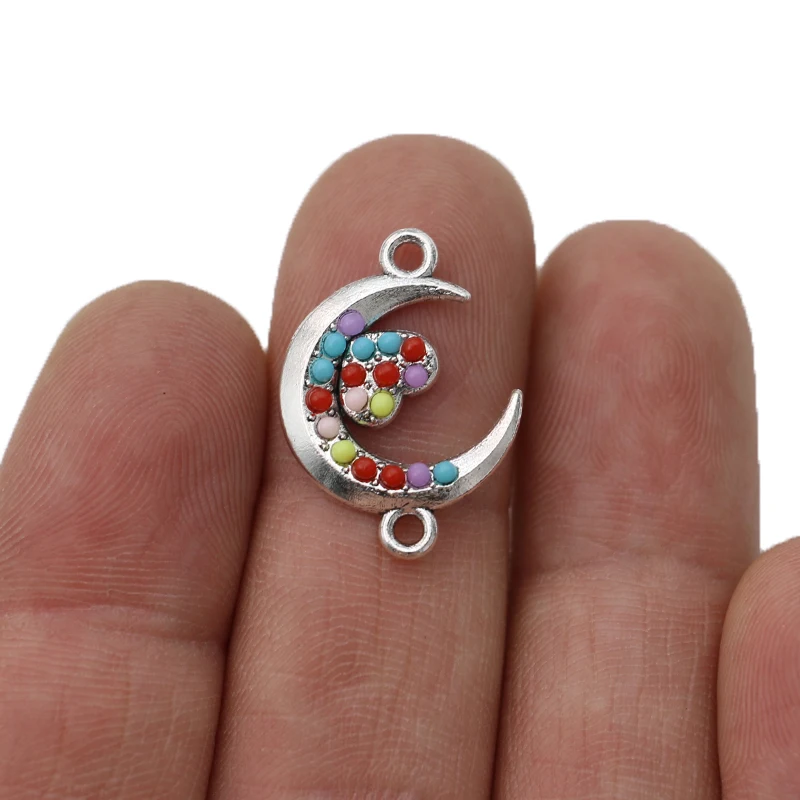 

10PCS Colorful Crystal Silver Plated Moon Heart Connectors for Jewelry Making Bracelet Findings DIY Accessories 22x16mm