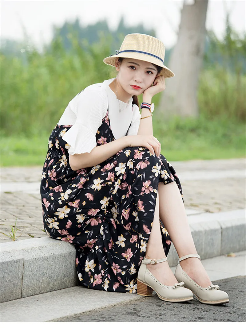 Japanese Buckle Strap Bow Women Oxford High Thick Heels Lolita Shoes British Genuine Leather Single Brogues Shoes Woman Size 43 (25)