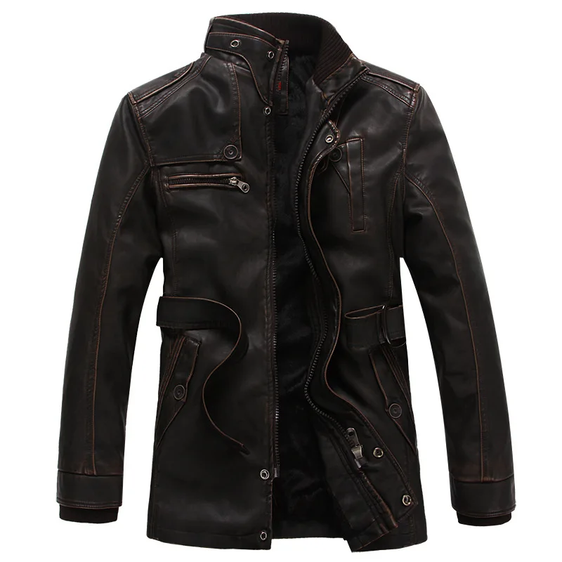 New Winter Leather Jacket Men Fleece Warm Solid Long Jacket Men Casual Moto Biker with Belt Faux Leather Jacket and Coat 6XL - Цвет: Dark Brown