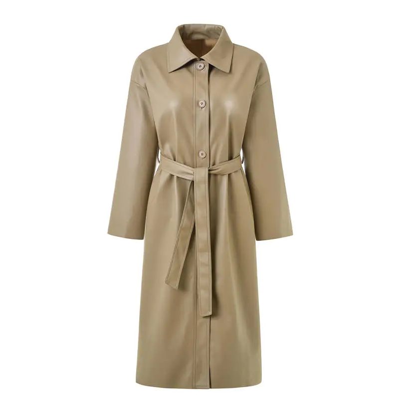 Длинное женское пальто из искусственной кожи, элегантное свободное весеннее и осеннее кожаное пальто-ветровка, женская одежда, Chaqueta Mujer Q2010