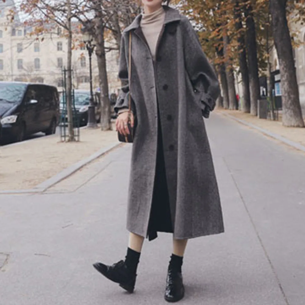 Женское шерстяное пальто с лацканами однобортное повседневное длинным рукавом