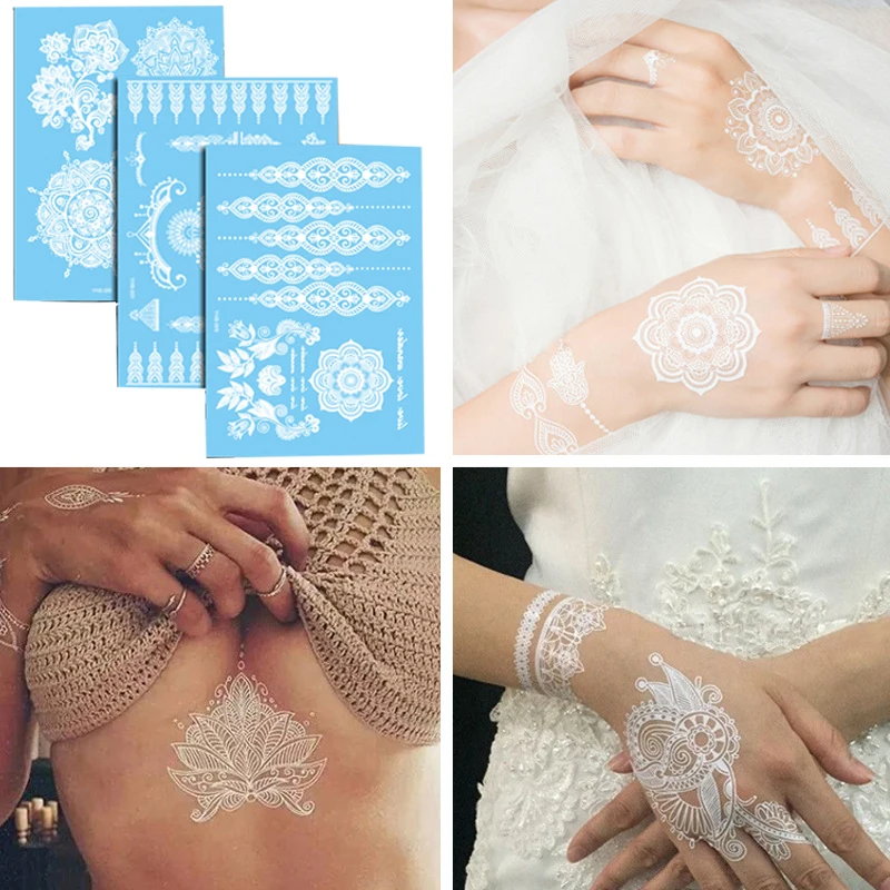Sexy Mandala Henna Tattoo White Lace Necklace Flower Temporary Sticker Body Art Long Lasting Waterproof For Wedding Beach | Красота и