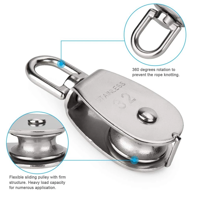 CSS 6 Pack M32 Lifting Single Pulley Roller Loading 551Ibs, 304 Stainless Steel Heavy Duty Single Wheel Swivel Lifting Rope Pull
