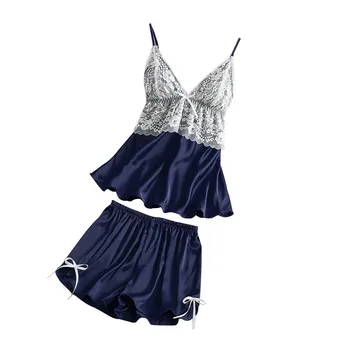 

satin pyjama femme Women SatinSexy Style Lace V-Neck Camisole Bowknot Shorts Lingerie Set Sleepwear Pajamas Lingerie Пижама