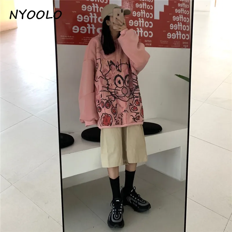 NYOOLO Harajuku уличная кошка принт плюс бархат теплые толстовки осень зима свободный длинный рукав с капюшоном пуловер Толстовка женские топы