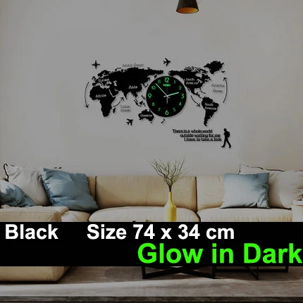 Карта мира большие настенные часы современный дизайн 3D наклейки Подвесные часы сверкающий в темноте уникальные часы настенные часы домашний декор бесшумные - Цвет: Black 74x34cm Light