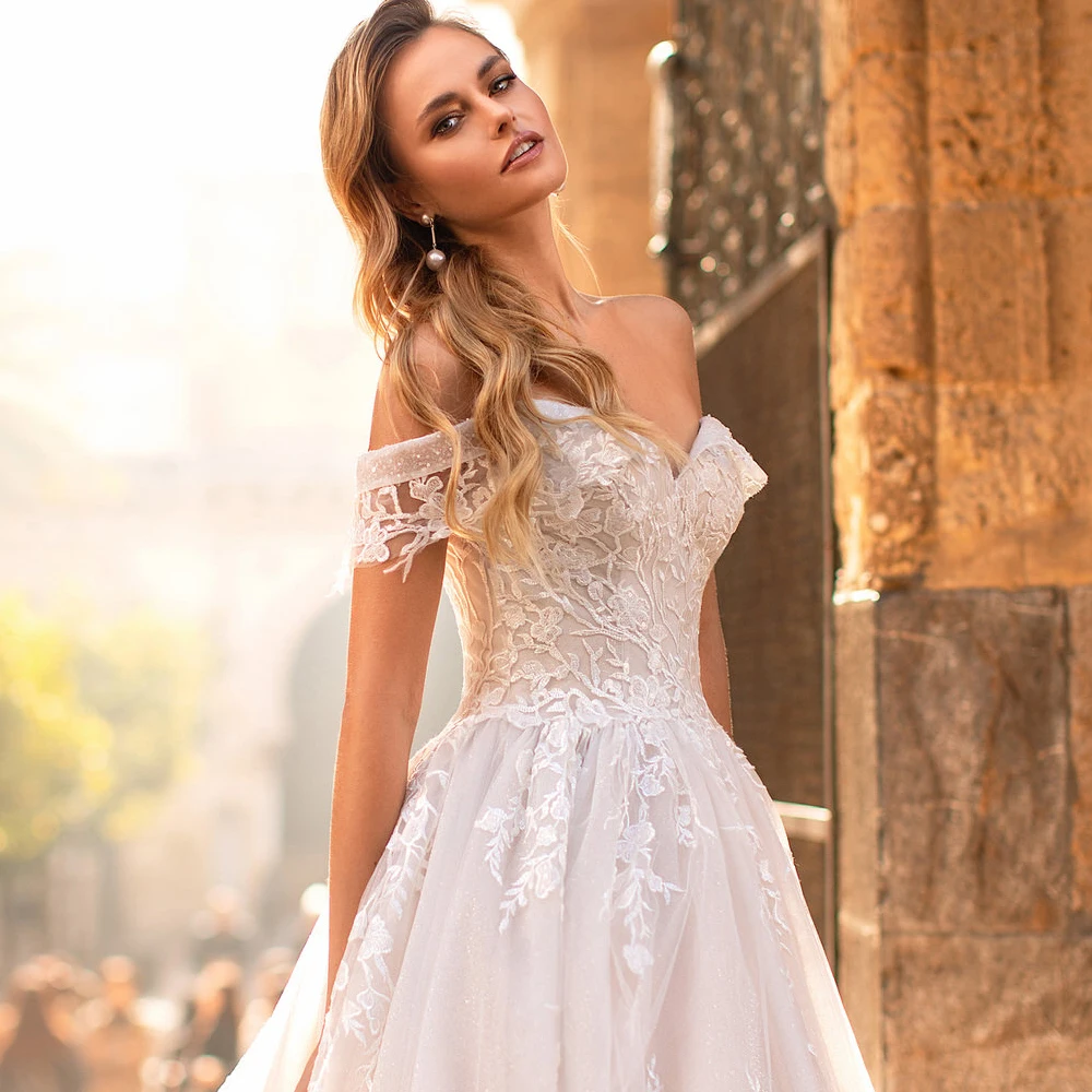 ADLN Luxury Puffy Lace Wedding Gown Custom Made Off-shoulder Tulle Ball  Corset Bridal Dress with Sweep Train 4
