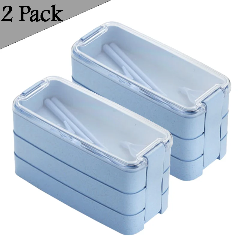 2 pcs blue Ланч-бокс для детей Пшеничная солома Bento box BPA бесплатно коробка для хранения еды для перекуса Microwavable Экологически Чистые контейнеры для еды с набором посуды - Цвет: 2 pcs blue