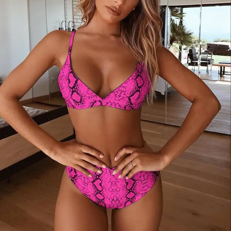 

Fashion Women Snakeskin Print Bikini Push-Up Padded Swimwear Bathing Sets Bandage Swimsuit G-string Bikini Suit Beachwear Hot